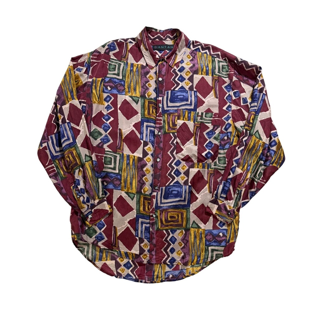 1990s Santana Abstract Geometric Silk Button Front Shirt Medium